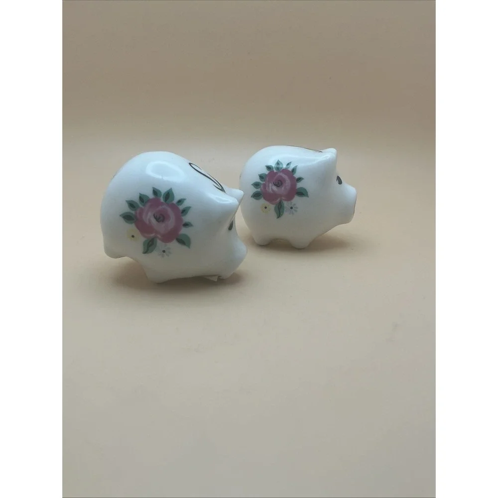Vintage Pig Salt & Pepper‎ Shakers with Calligraphy Letters, Flowers.